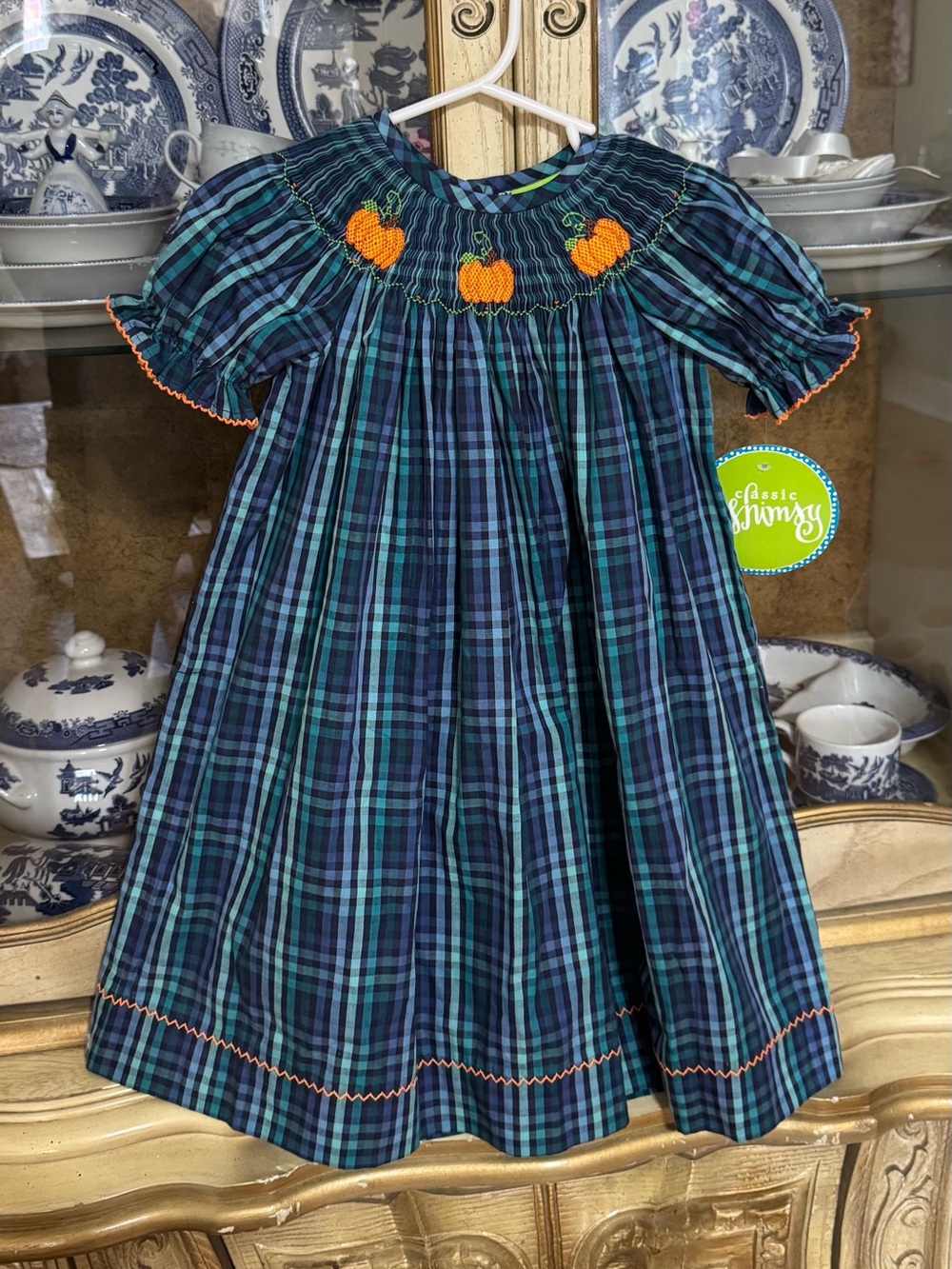 NWT Classic Whimsy smocked pumpkin dress 3t boutique Fall Halloween plaid bishop